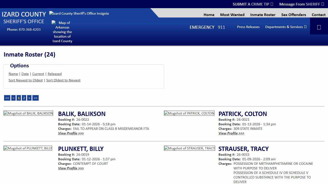 Inmate Roster - Current Inmates Booking Date Descending - Izard County Sheriff AR