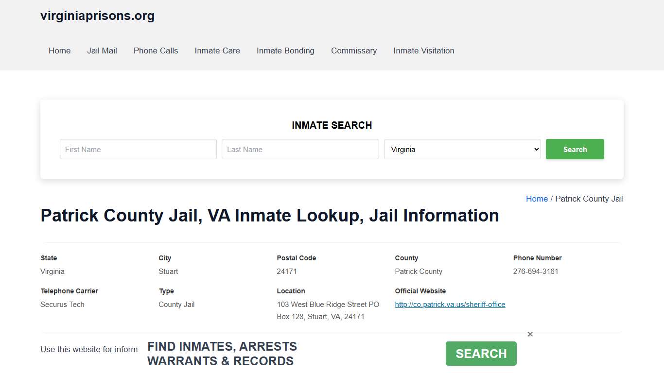 Patrick County Jail, VA - Offender Locator, Contacts, Inmate Info